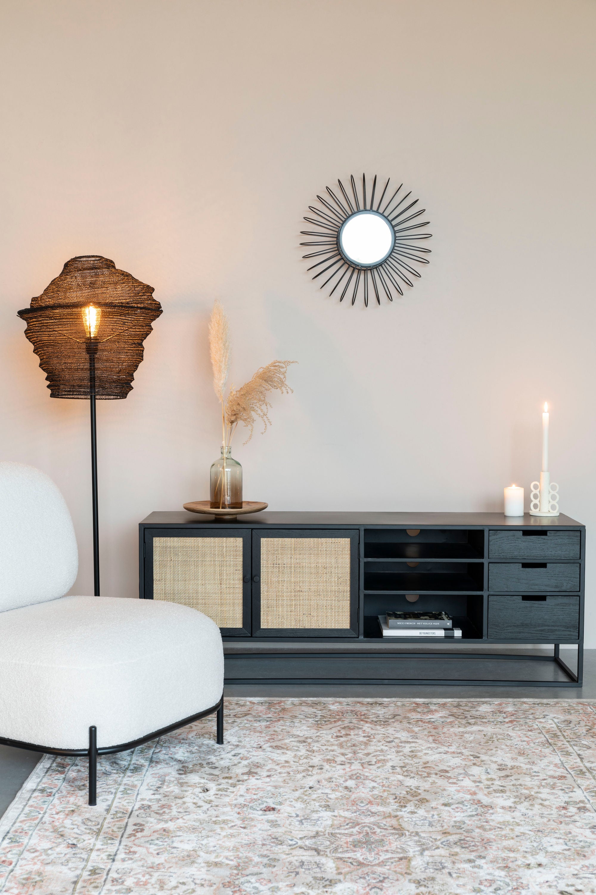Guuji Black Wood & Natural Rattan TV Unit